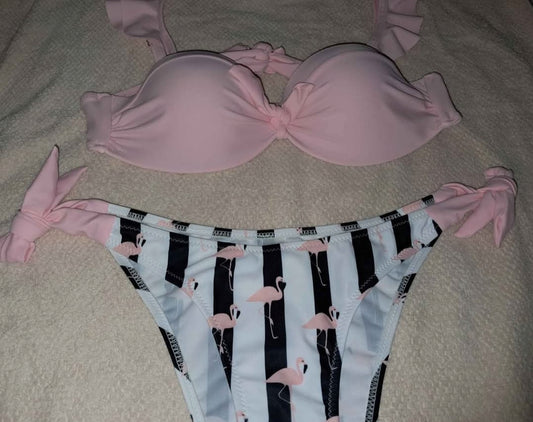 Bikini pink & flamingo print 2pc Medium underwire ruffle straps side ties NEW